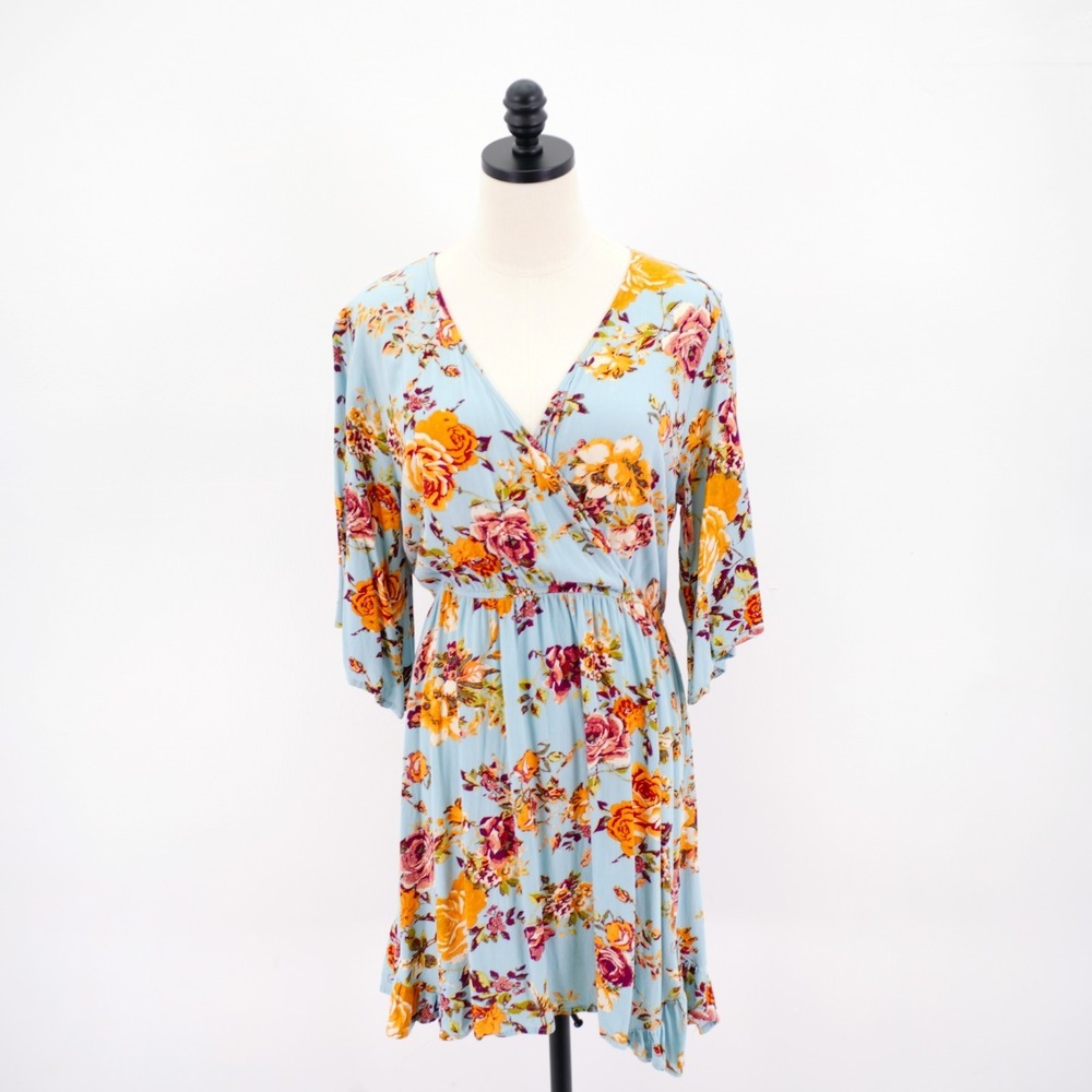 Xhilaration Medium Blue Orange Red Floral Wrap V- Neck Fit & Flare Dress Flutter